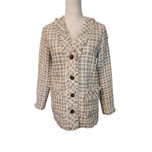 Ann Taylor Petite Tweed Jacket 2P Cream Fringe Button Front NWT $179 Like Chanel